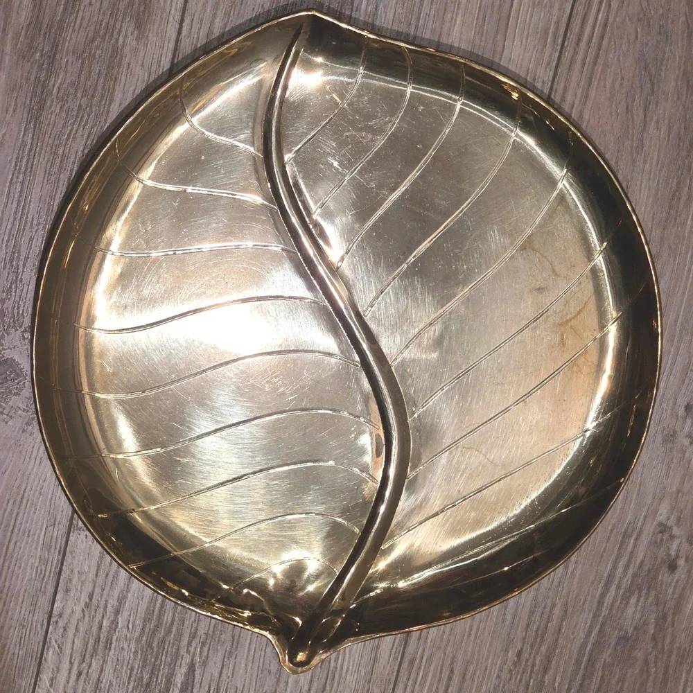 Vintage Brass Leaf Tray, MCM Large Gold Decorative Platter, Andre by Sadek